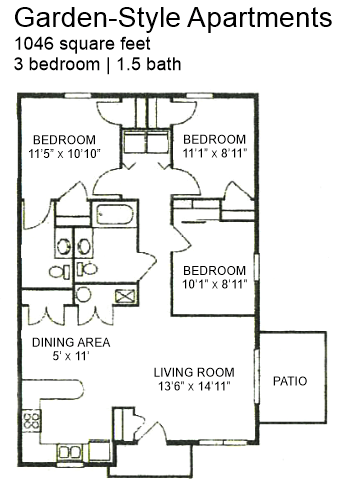 Floor plan for 2 beds, 1.5 baths, 863 sqft